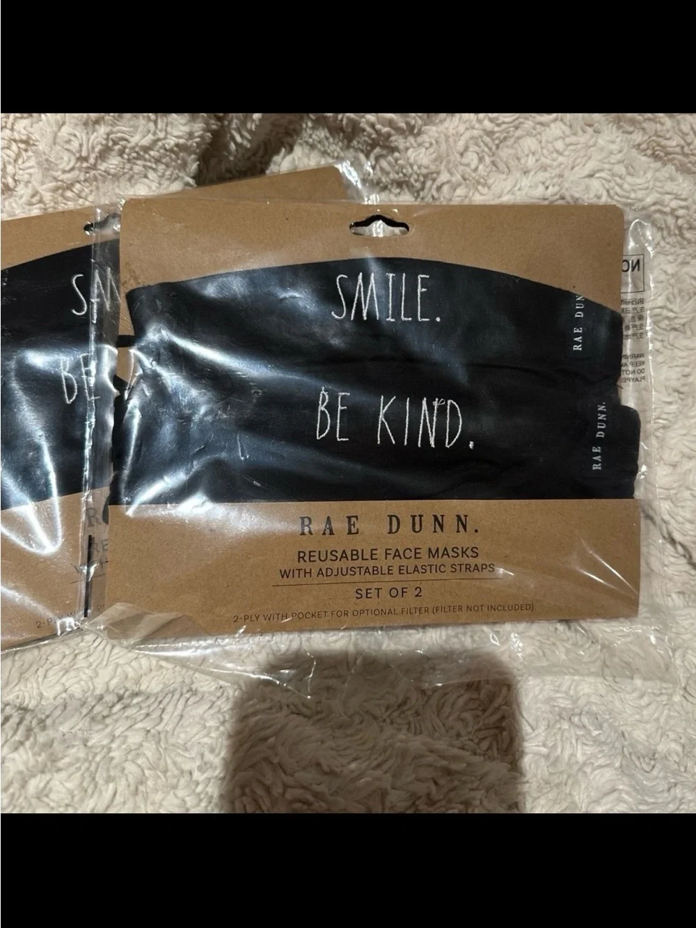 RAE DUNN 2 Packages Smile & Be Kind Fabric Filter Face Masks NEW $20